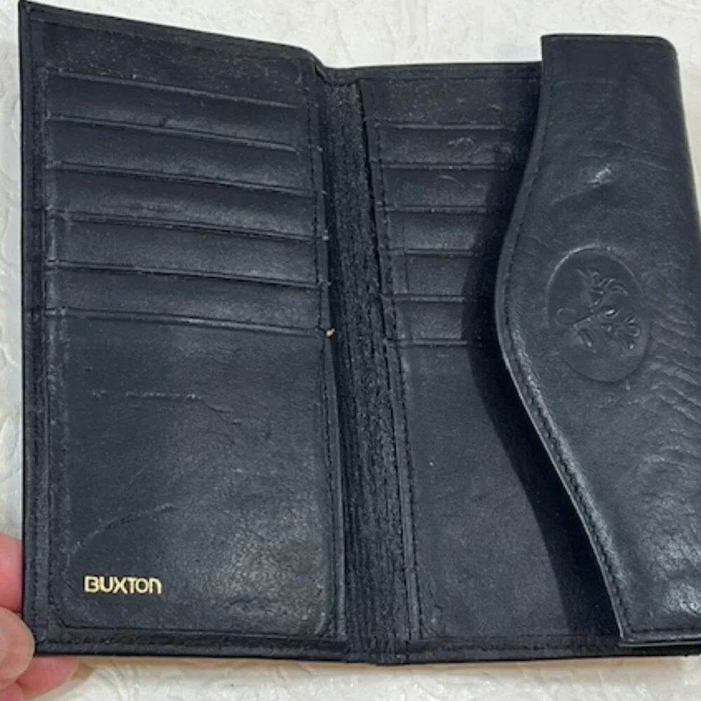 VTG Buxton Black Cowhide Leather Trifold Wallet Credit Card Slots 5.5
